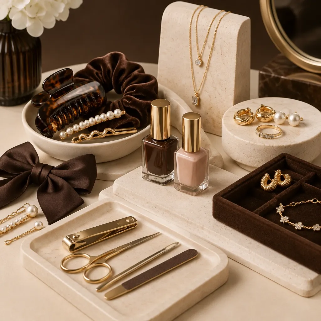 Hair accessories, nail polish, manicure tools and jewelry