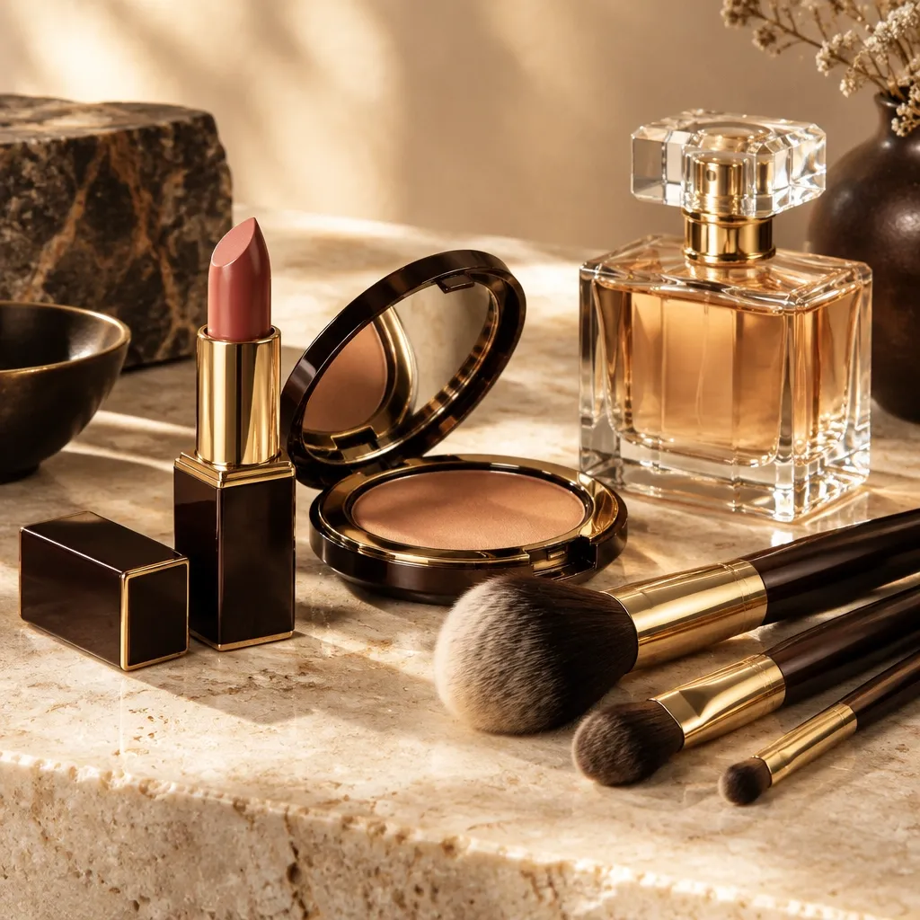 Lipstick, makeup brushes, compact and perfume arranged for a beauty edit