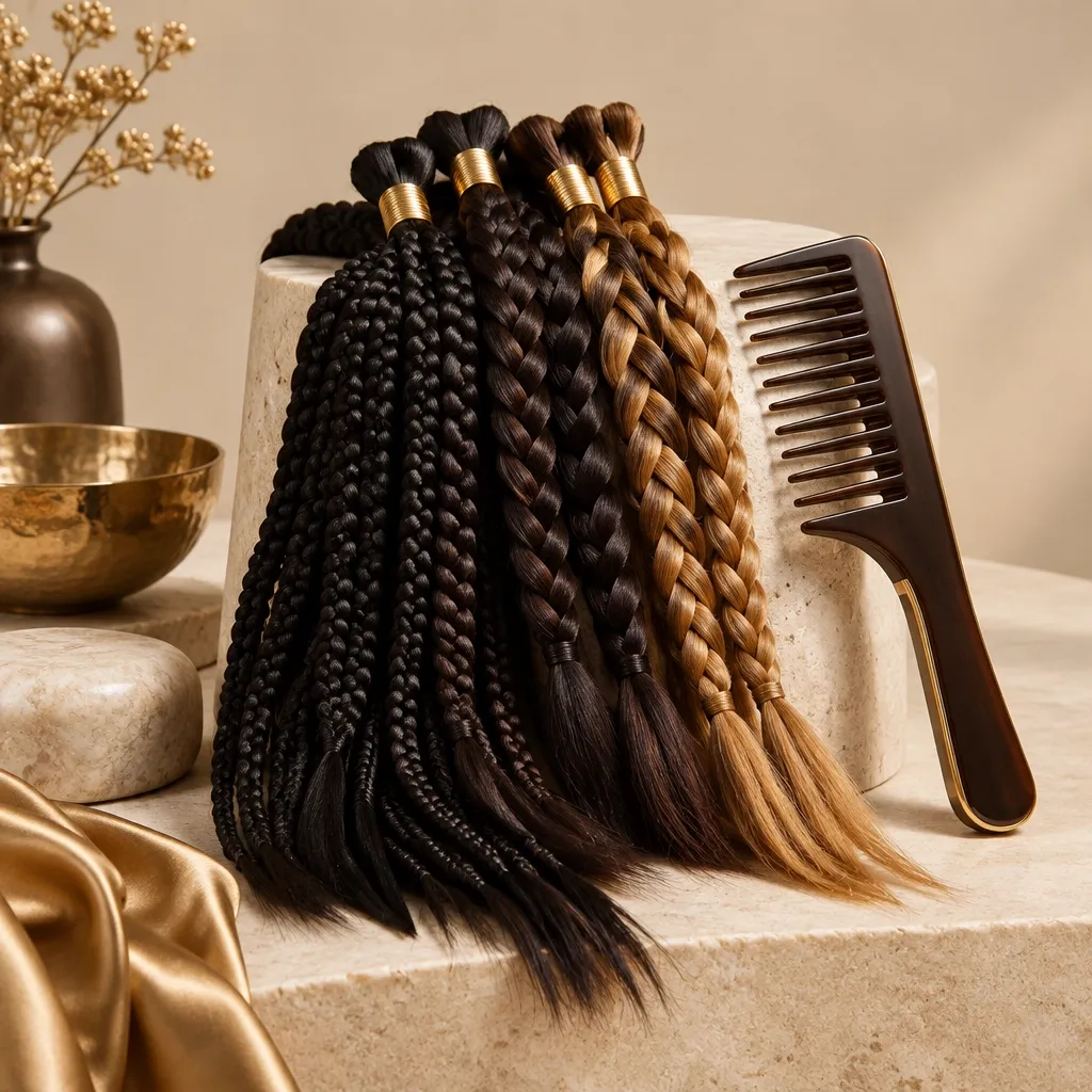 Braided hair extensions and a comb arranged on a stone display