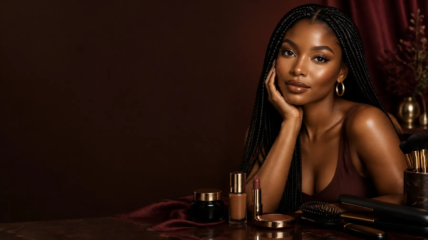 Beauty editorial portrait with long braids and softly lit cosmetics